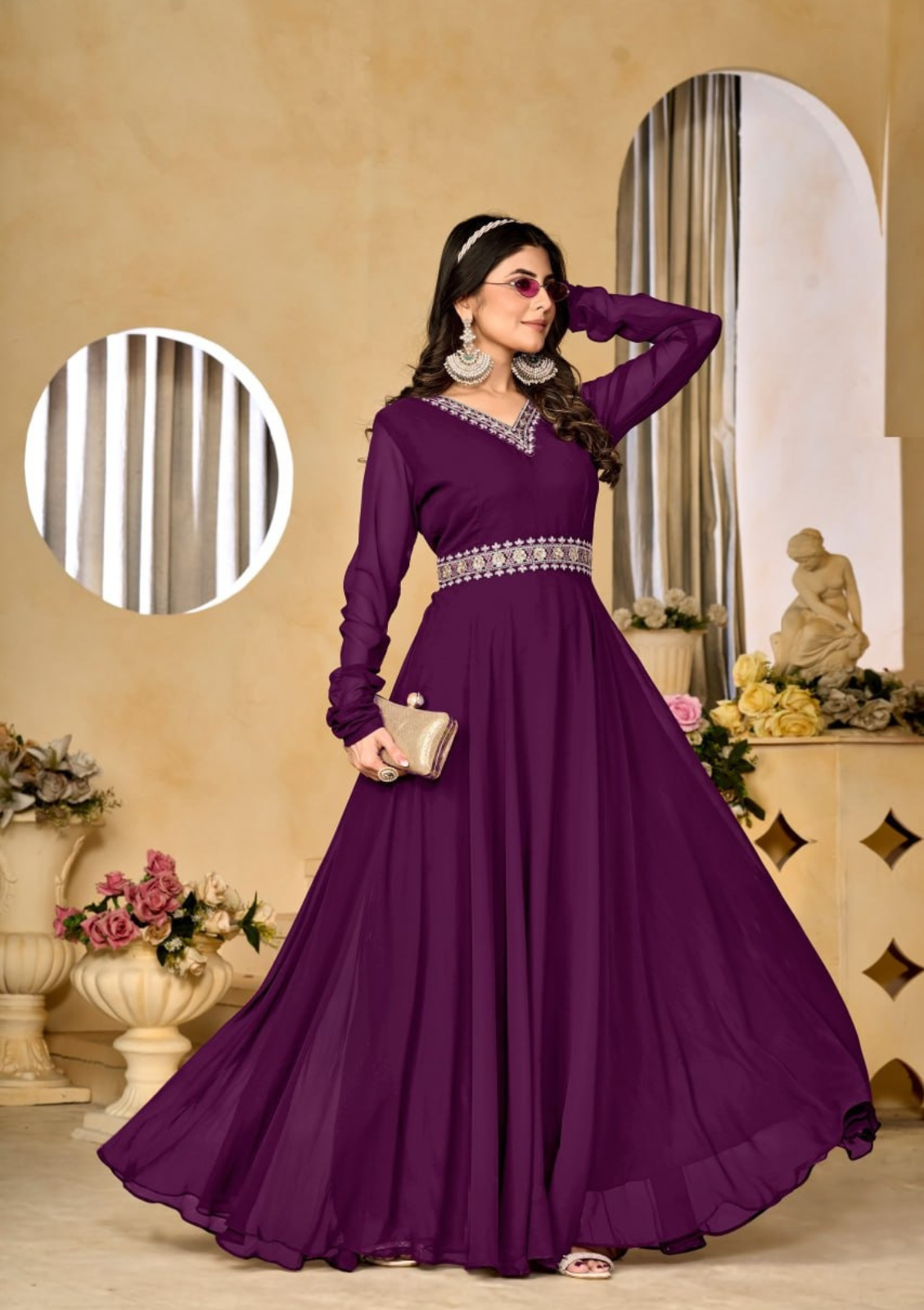 Georgette Wine colour Embroidered A line Gown