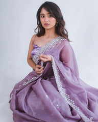 Royal purple colour embroidery work on premium silk saree