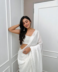 White colour tebi silk with designer sequence work saree