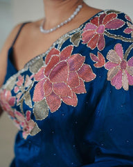 Royal Blue Beautiful thread embroidery  sequence flower work on  rangoli silk saree