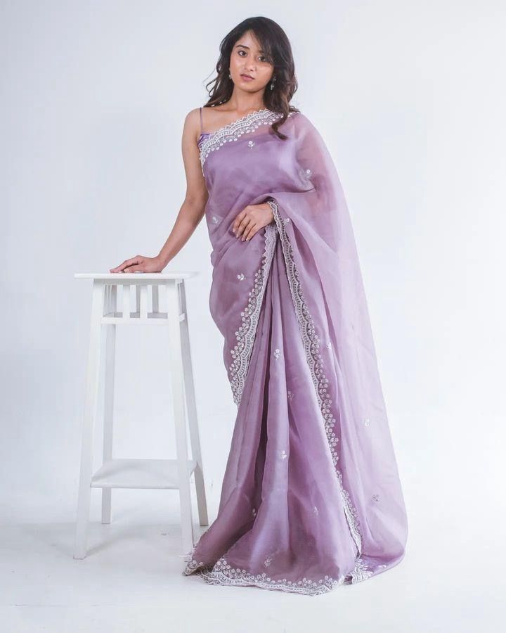 Royal purple colour embroidery work on premium silk saree