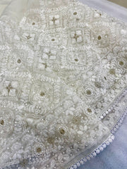 Off white colour lucknowi zari embroidery work organza saree