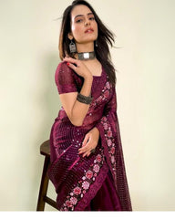 Wine colour sequence with thread embroidery border work on jimmy choo silk saree