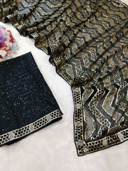 Black colour golden sequence embroidery work designer saree