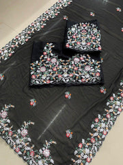 Black colour thread embroidery work designer saree
