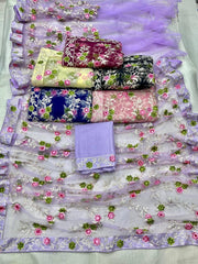 thread embroidery work on premium soft net saree
