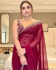 Cherry red  colour sequence work saree with designer blouse