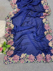 Royal Blue Beautiful thread embroidery  sequence flower work on  rangoli silk saree