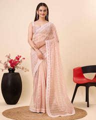Embroidery sequence work on premium soft golden net saree