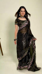 dusty dark green colour sequence with thread embroidery border work on jimmy choo silk saree