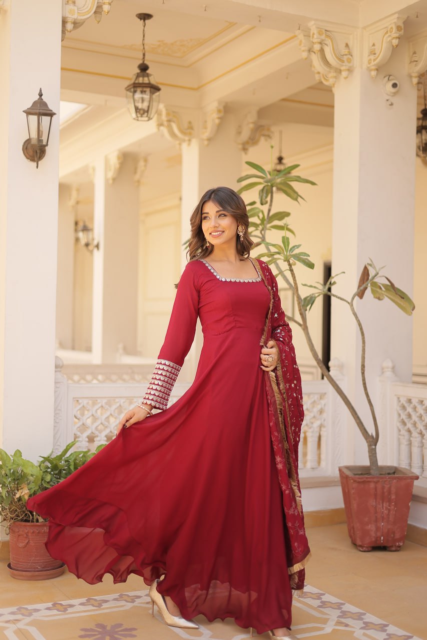 Red colour embroidery work anarkali suit with designer dupatta ShopLance