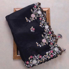 Black colour thread embroidery work designer saree