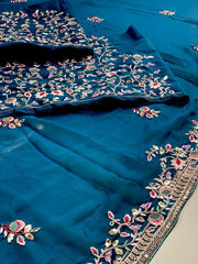 peacock  blue colour multi thread embroidery work designer with designer blouse