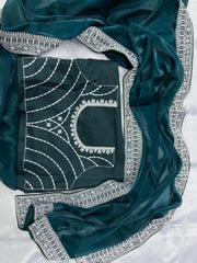 Designer thread embroidery work on premium Zimny choo saree