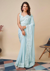 Thread embroidery sequence work saree with designer blouse