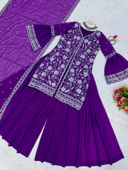 Purple colour designer thread embroidery work plazo suit