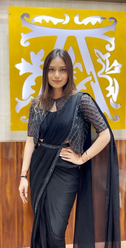 Buy Black Georgette Ready To Wear Black Saree - Kothari Sons