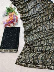 Black colour golden sequence embroidery work designer saree