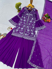Purple colour designer thread embroidery work plazo suit