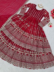 Red colour wedding wear embroidery sequence work designer top lehenga