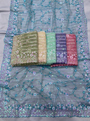 Embroidery Sequence Cut Work Border On Soft Net Saree