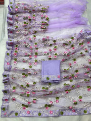 thread embroidery work on premium soft net saree