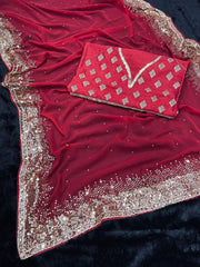 Cherry red  colour sequence work saree with designer blouse