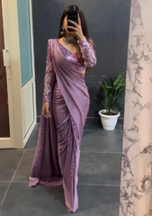Lavender colour crush saree with designer sequence work blouse