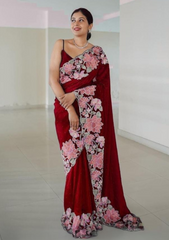 Red Beautiful thread embroidery  sequence flower work on  rangoli silk saree