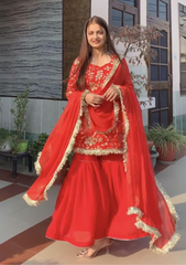 Red colour beautiful embroidery sequence work top sharara suit