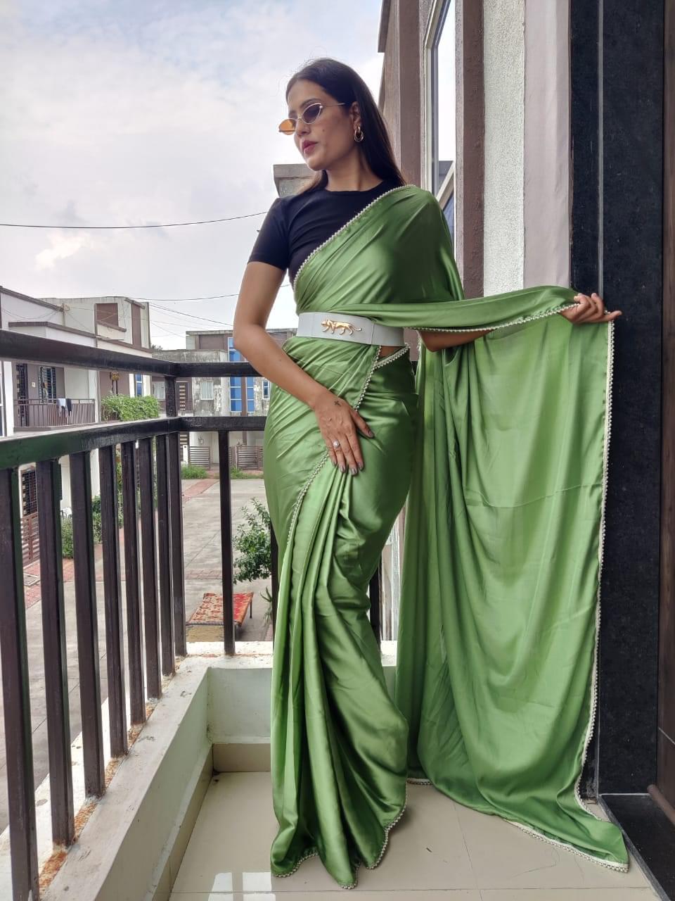 Buy Multi Colored Satin Silk Ready To Wear Saree With Blouse