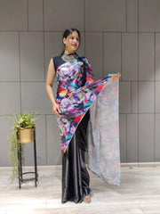 1 min ready to wear digital print satin silk saree