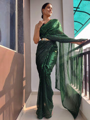 1 min ready to wear green double sequins work saree
