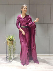 1 min ready to wear wine full sequence work saree