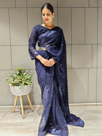 Buy Navy Blue Embroidered Tussar Georgette Saree with Blouse Online USA –  Pure Elegance