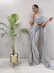 1Min ready to wear With Heavy Zari And sequence Work saree