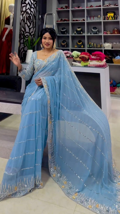 Buy Party Wear Sky Blue Embroidery Work Srivalli Silk Saree Online From  Surat Wholesale Shop.