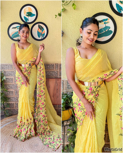 Buy Lemon Yellow Fancy Chiffon Saree Online - Your Indian Wear