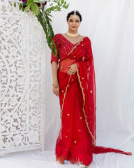 Pure red organza hand work embroidery pearl border saree