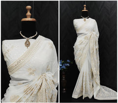 Designer  thread sequence work white saree