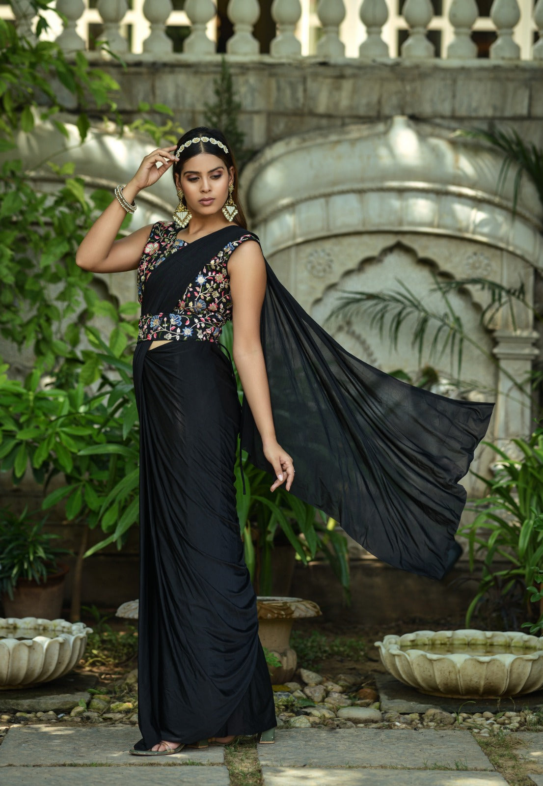 Gorgeous Black Color Ready To Wear Saree With Waist Belt