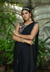 Boutique style  1 min ready to wear black saree with beautiful embroidery work stitch blouse