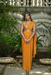 Boutique style  1 min ready to wear yellow saree with beautiful embroidery work stitch blouse