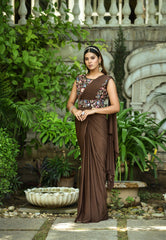 Boutique style  1 min ready to wear brown saree with beautiful embroidery work stitch blouse