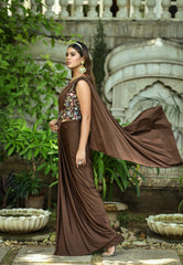 Boutique style  1 min ready to wear brown saree with beautiful embroidery work stitch blouse