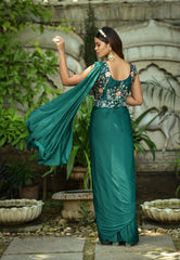 Boutique style  1 min ready to wear green saree with beautiful embroidery work stitch blouse