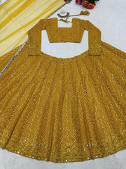 Mustard yellow heavy embroidery sequence work lehenga choli