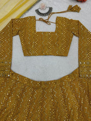 Mustard yellow heavy embroidery sequence work lehenga choli