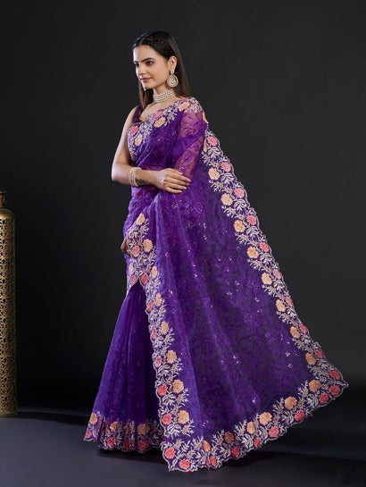 Purple Satin Georgette Party Wear Saree With Border 22011