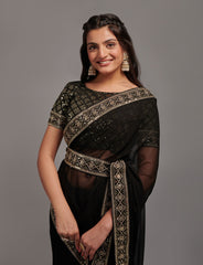 Designer border black saree with full sequence embroidery work blouse